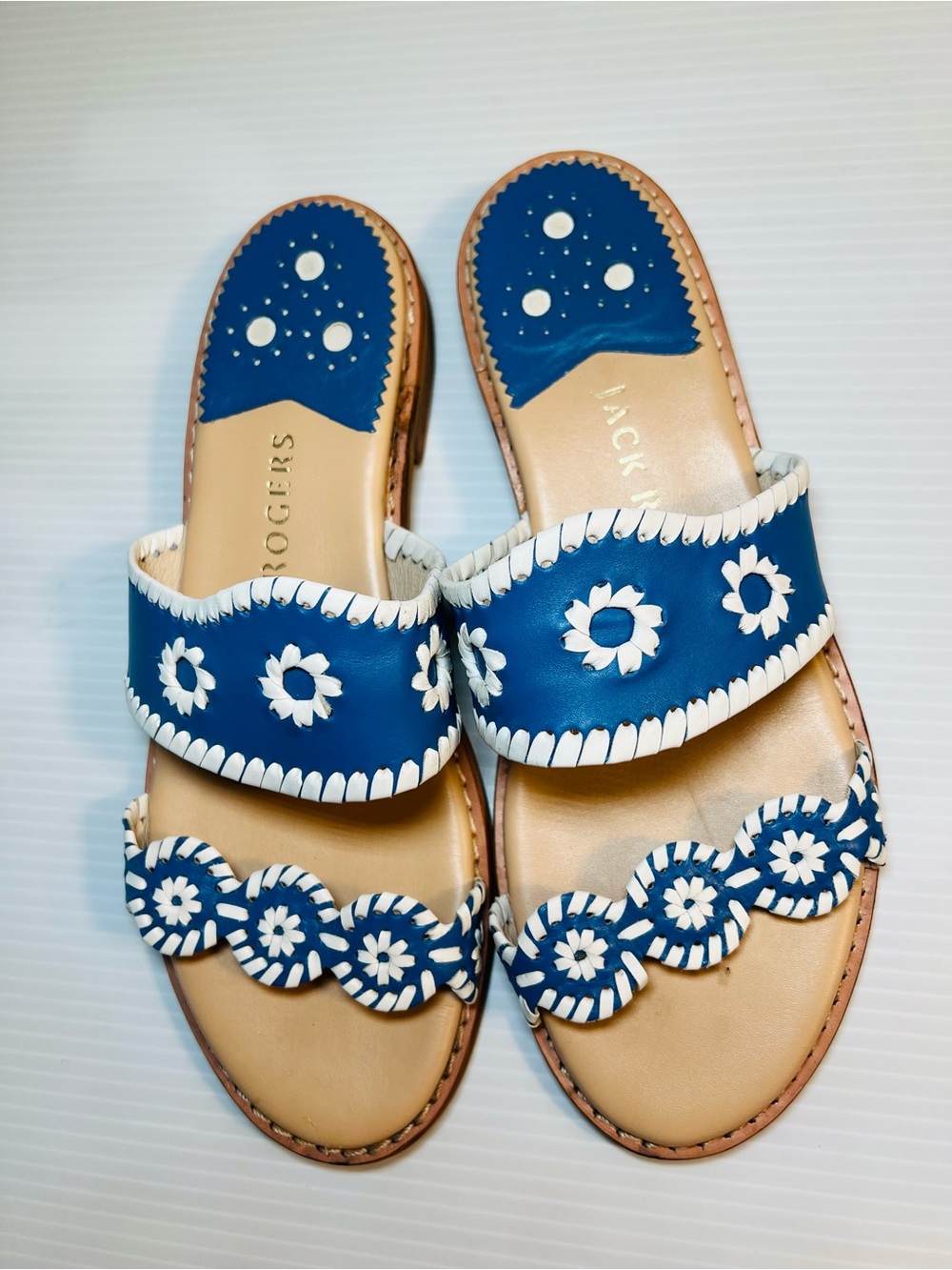 Jack Rogers Lauren Blue & White Double Scalloped Strap Slide Sandals Size 8.5 - Picture 2 of 10